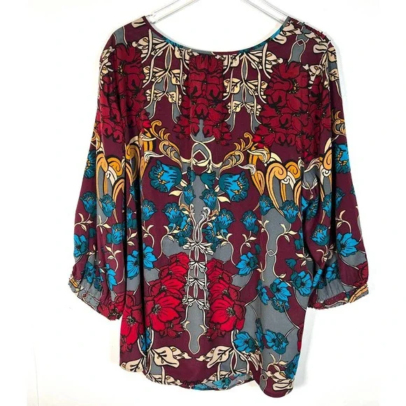 NEW! Lane Bryant Women's Floral Beaded Top 26/28 Maroon Blue 3/4 Sleeve Boho $59 - Picture 2 of 7